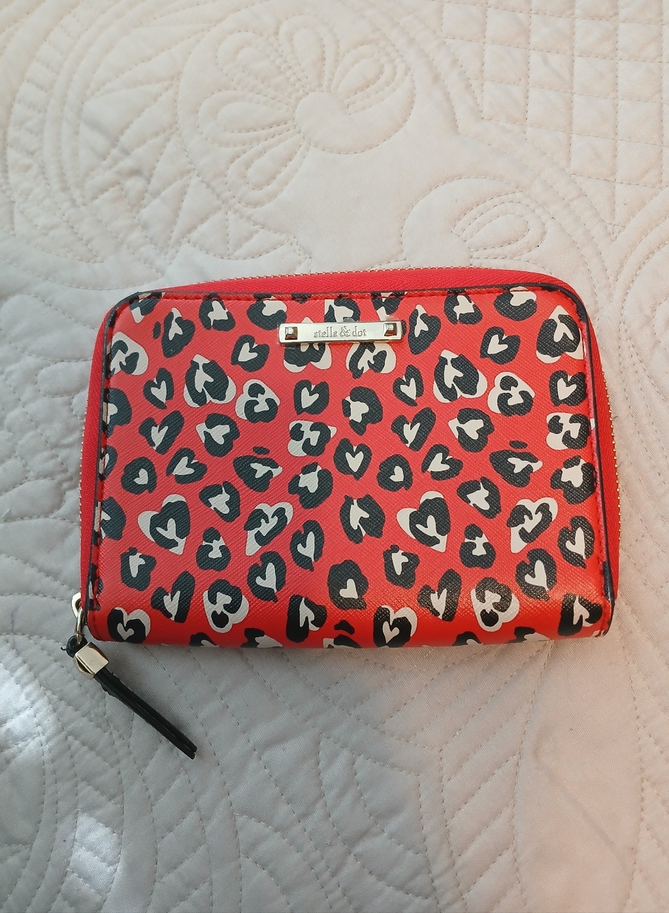 Stella & Dot Red Leopard Heart Zip Wallet